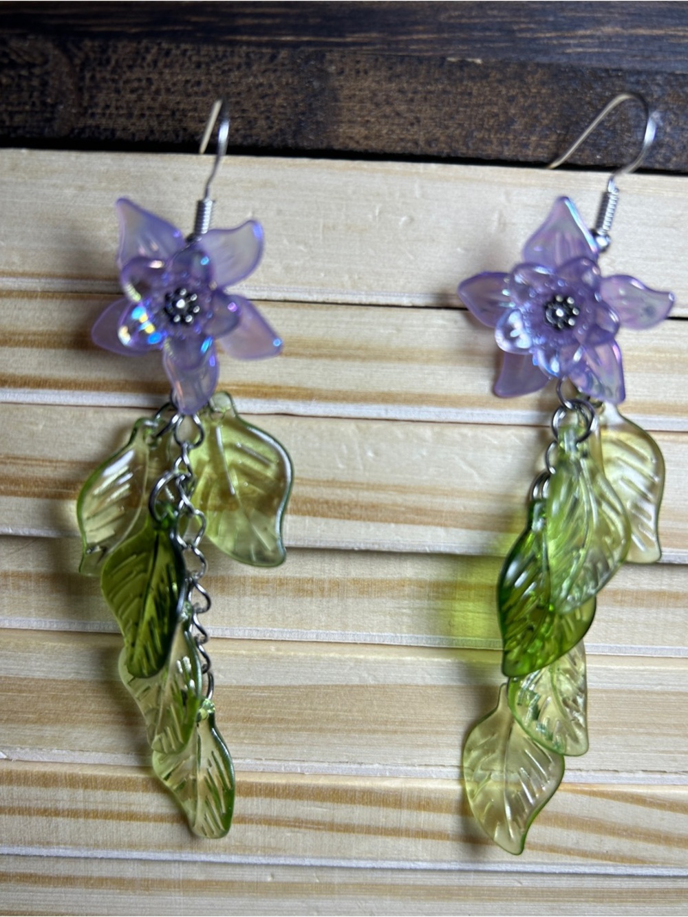 Purple Flower and Green Leaf Dangle Earrings - Women's Jewelry - Picture 4 of 6